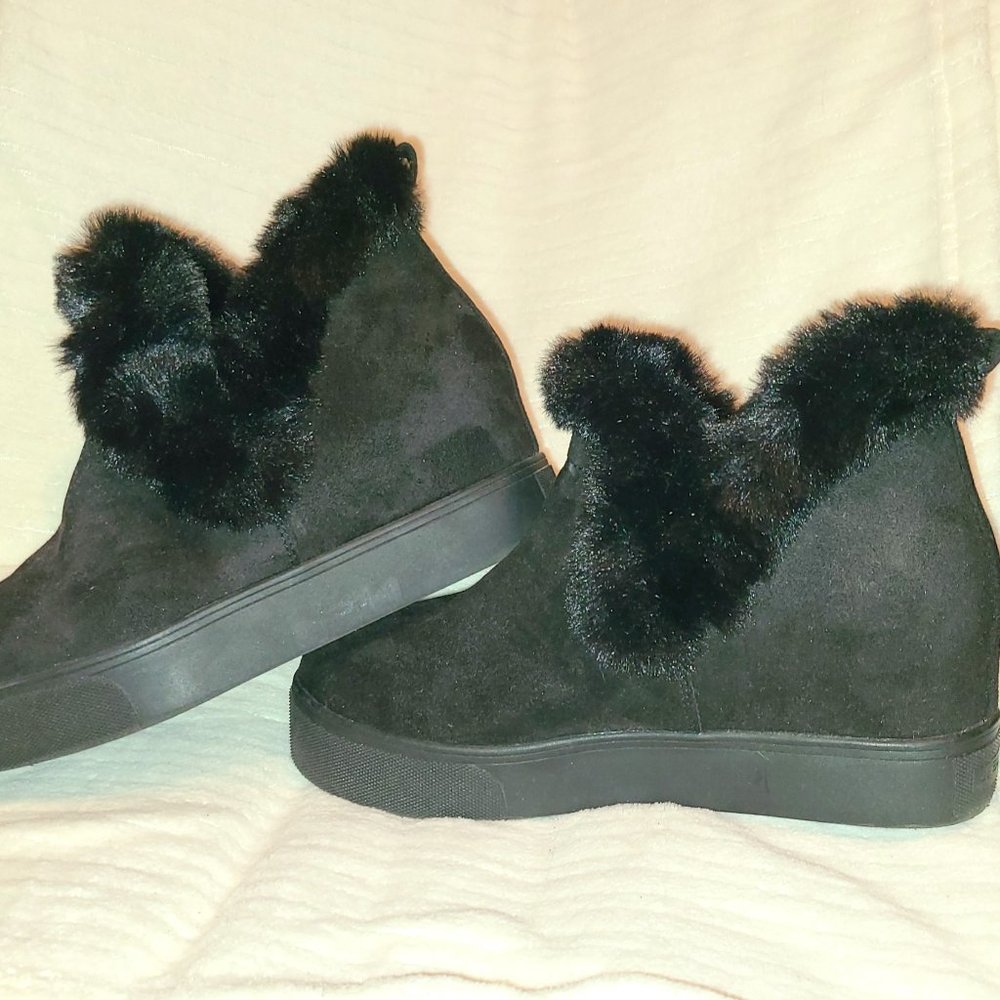 J/Slides Furry Black Wedge Booties